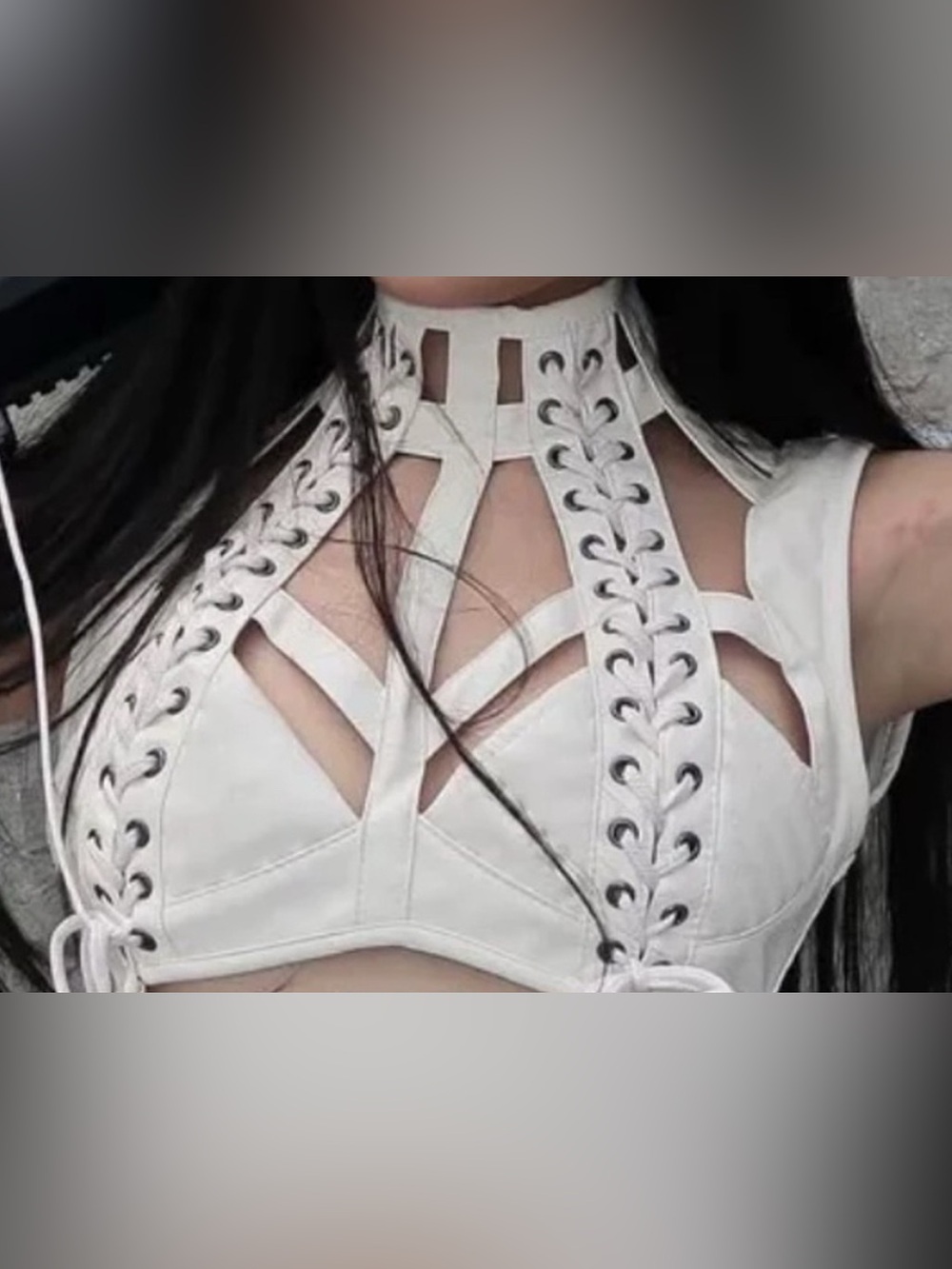 Dolls Kill Club Exx White Faux Leather Lace-Up Harness Crop Top NWT Medium